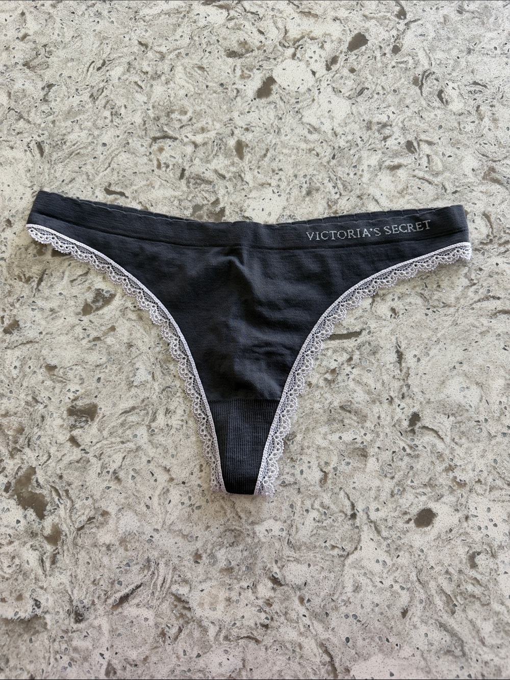 NWT Victoria's Secret Dark Gray Lace-Trim Thong